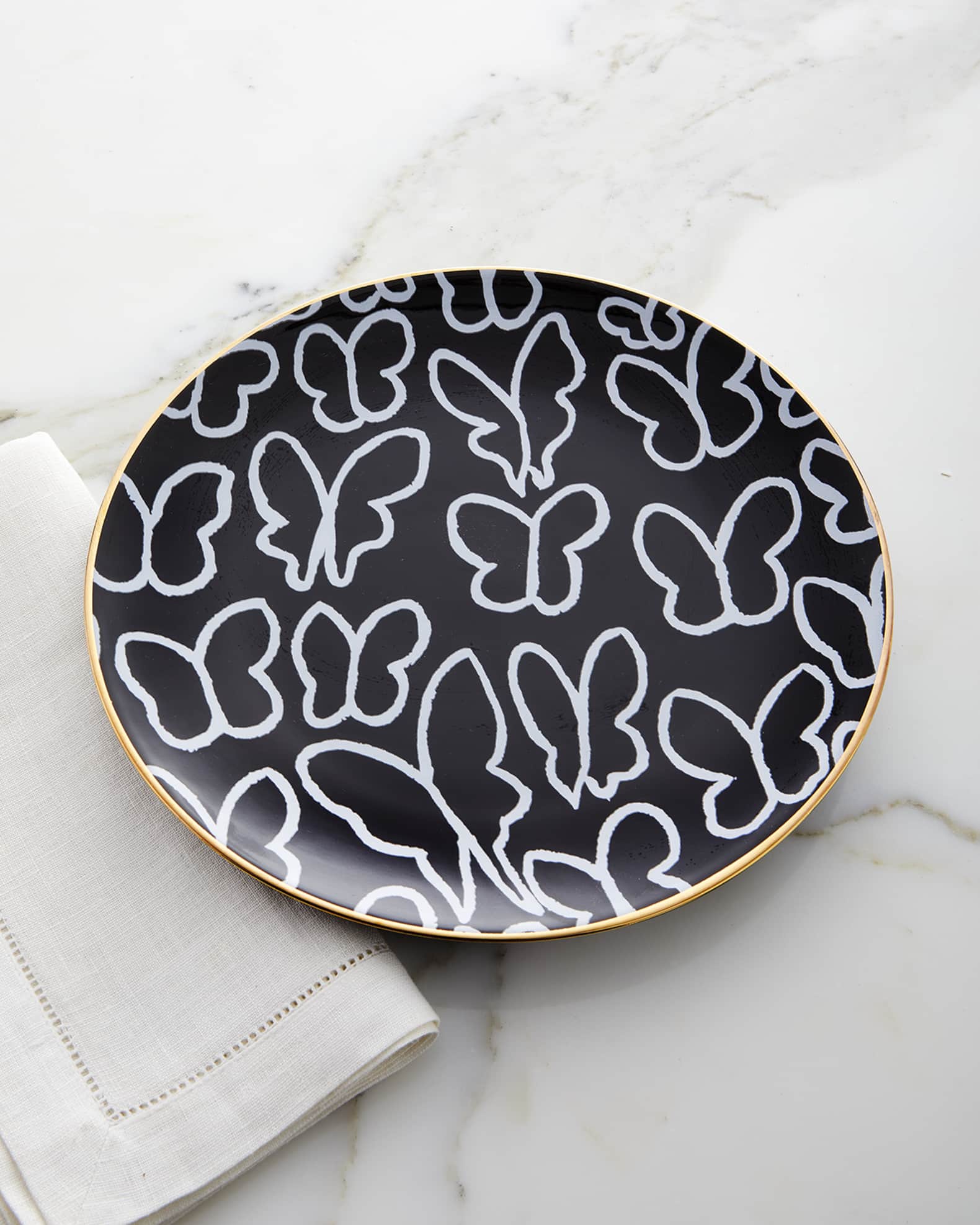 Hunt Slonem Butterfly Dinner Plate with Gold Rim - Black