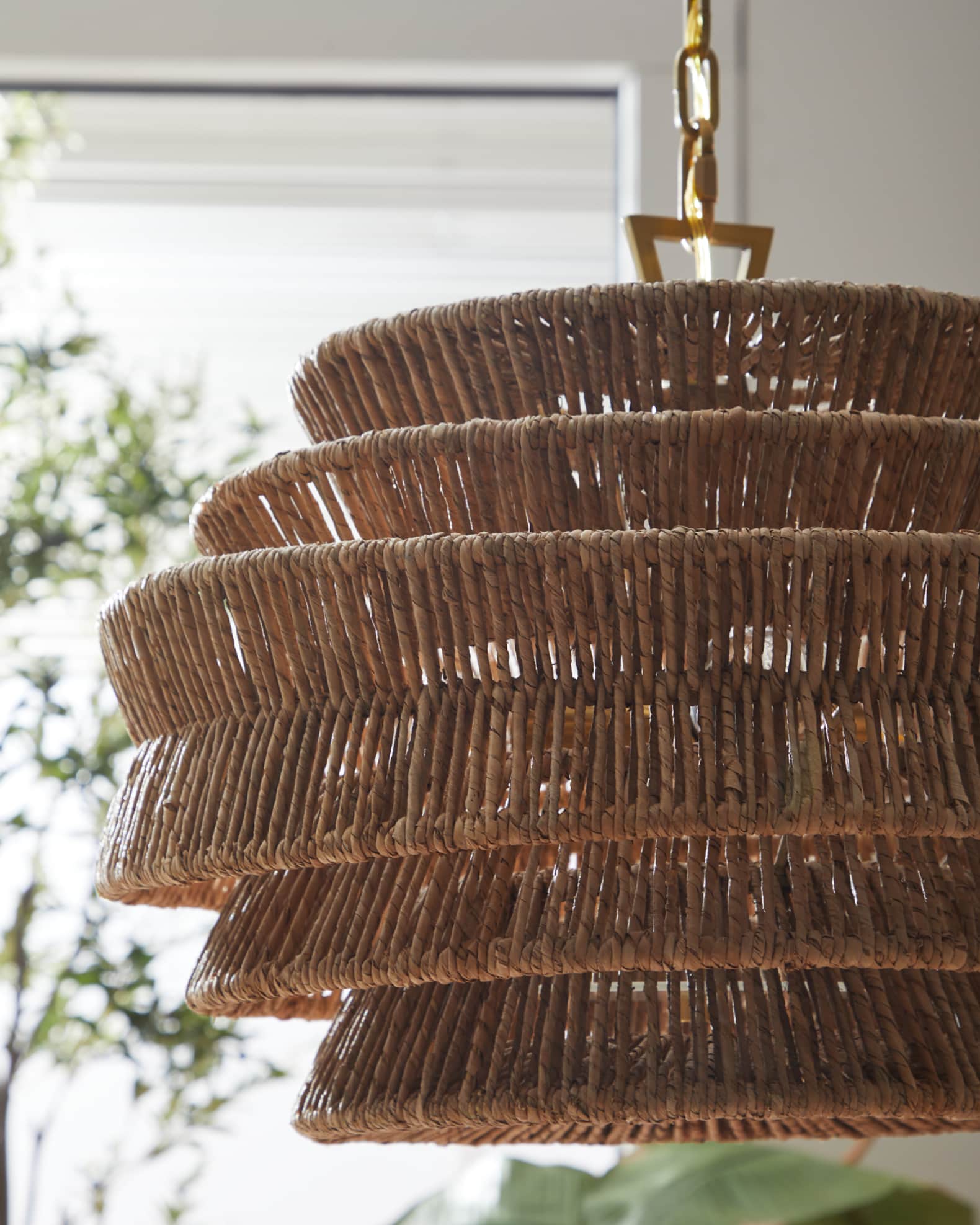 Visual Comfort Signature Antigua Small Drum Chandelier in Antique Brass Natural Abaca by Chapman Myers