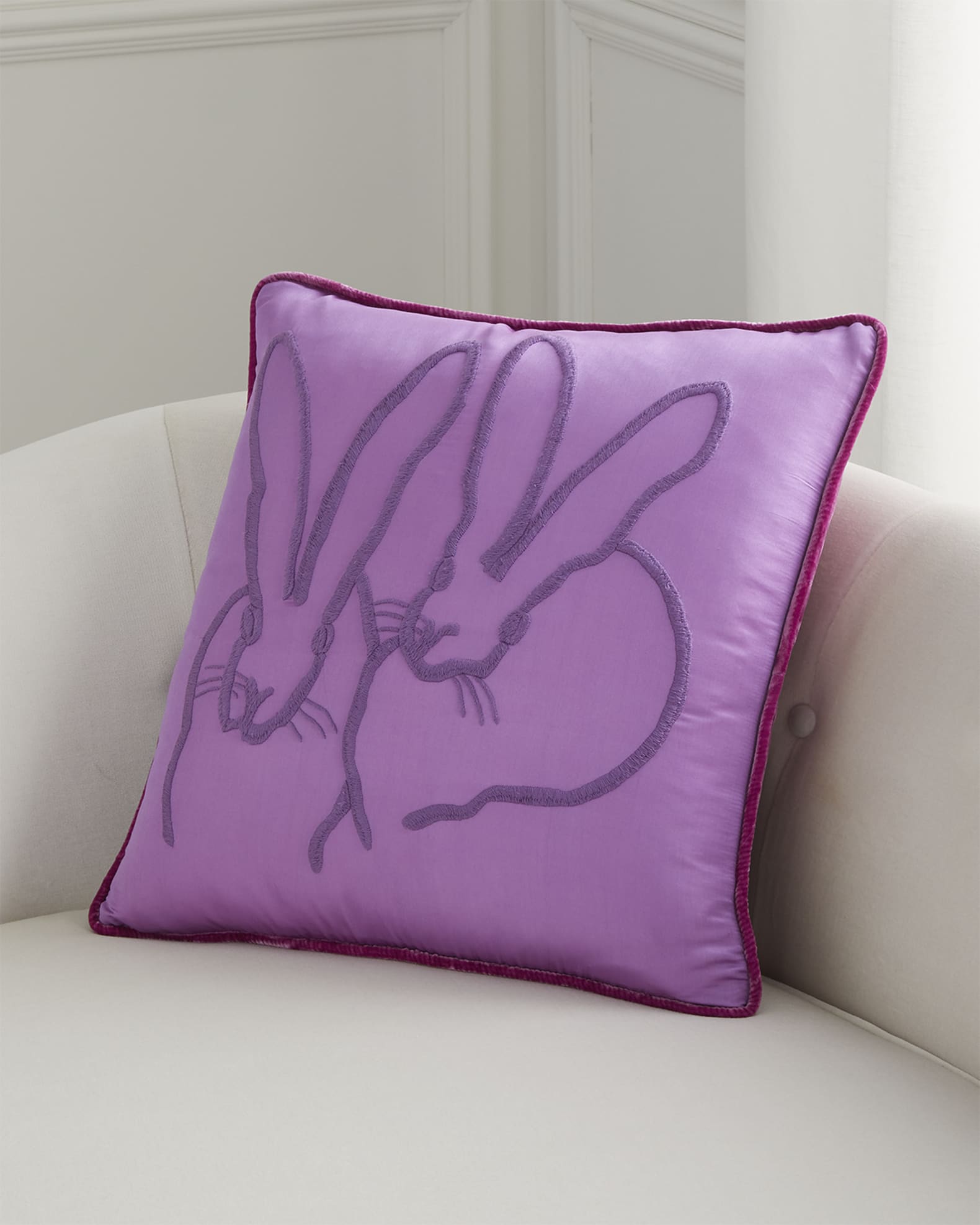 Hunt Slonem Hand-Embroidered Silk 2 Bunny Pillow