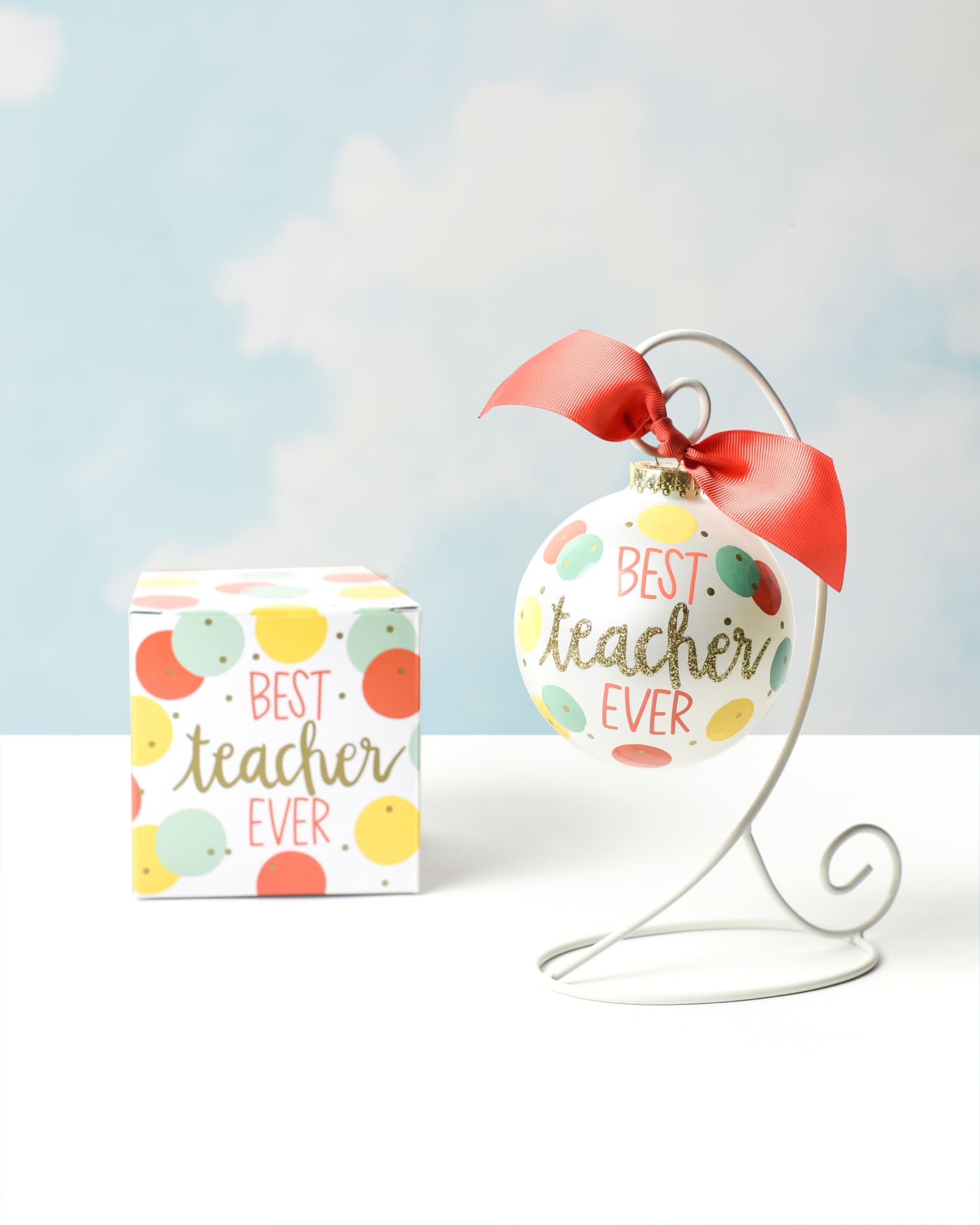 Coton Colors Best Teacher Ever Personalized Glass Ornament with Stand