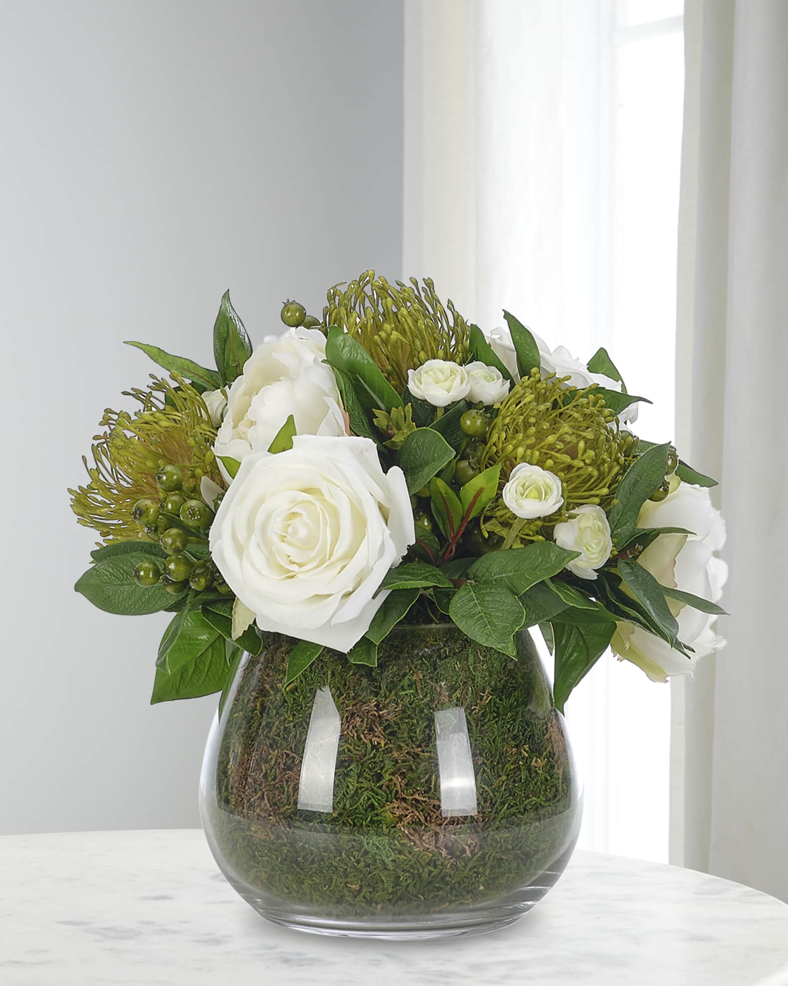 NDI Roses and Proteas 11 Faux Floral Arrangement in Moss Garden Glass Vase