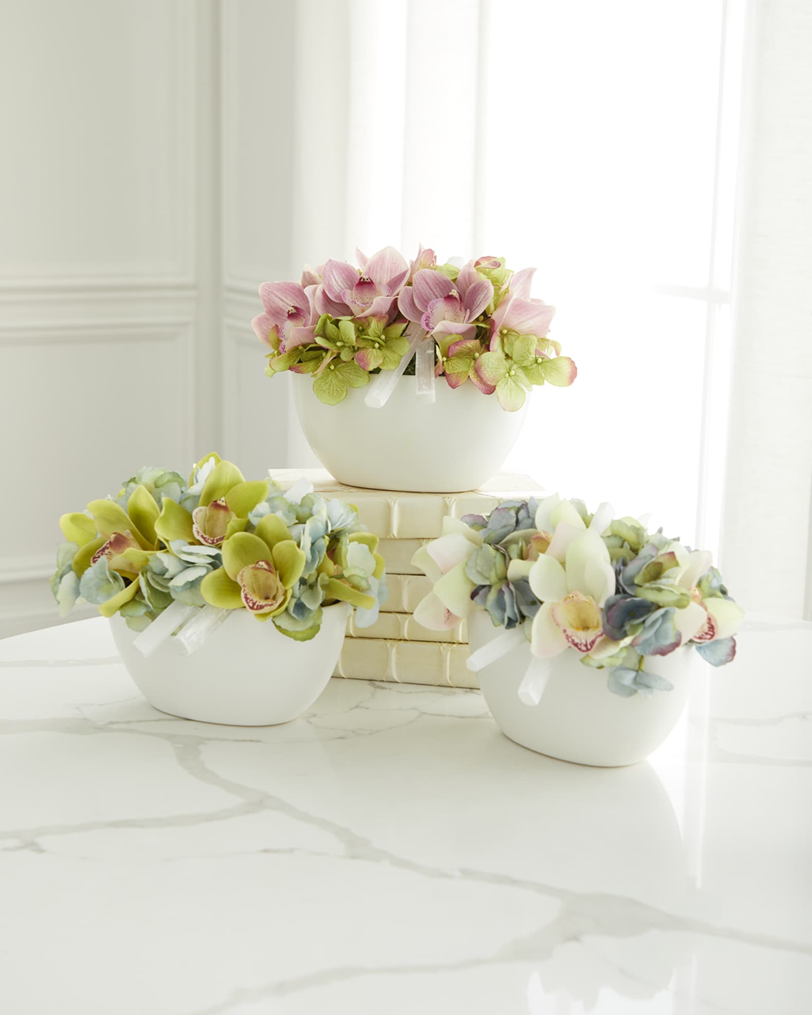 T&C Floral Company Hydrangea and Orchid Faux Floral Arrangement in Ceramic  Bowl with Selenite - 8