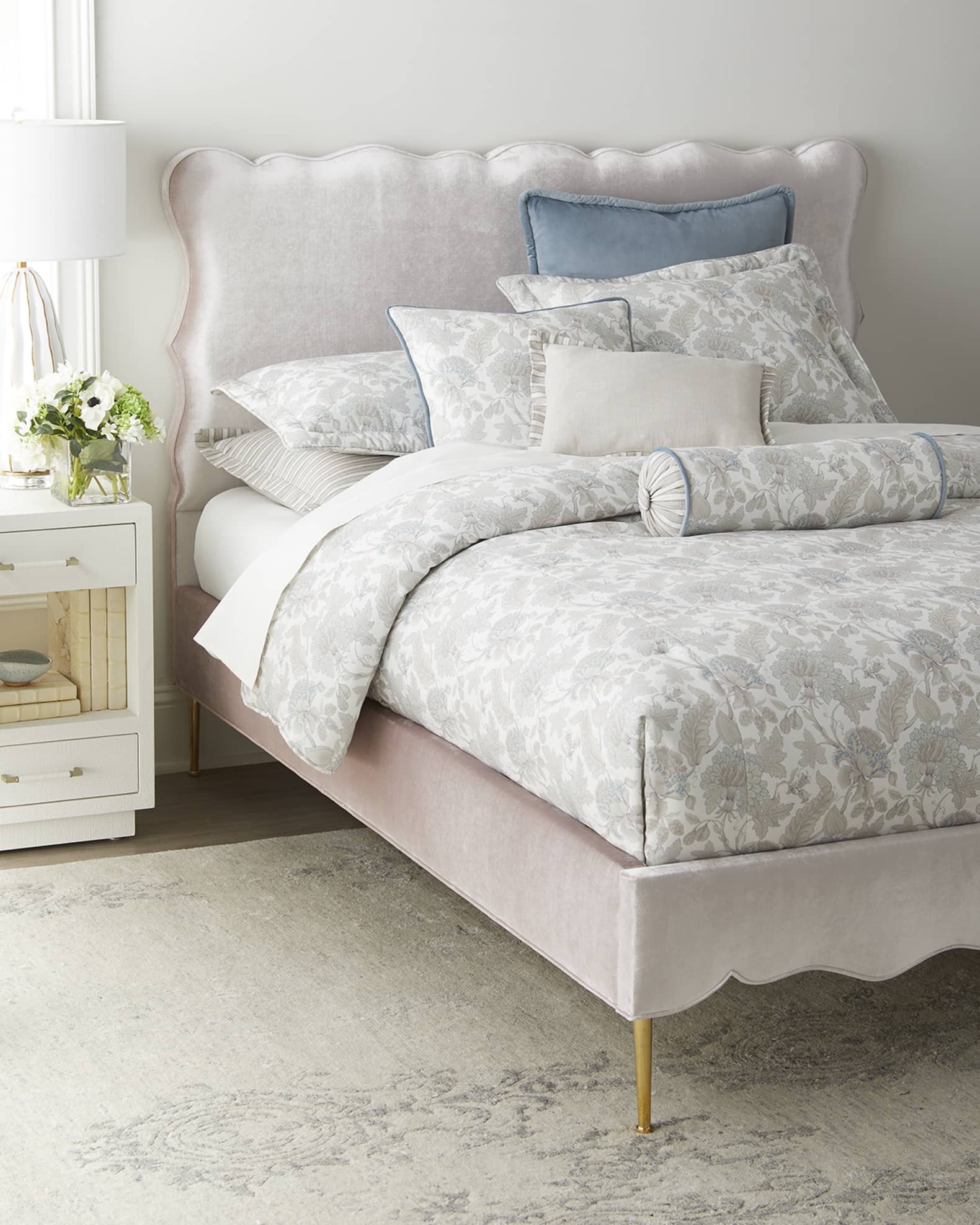 Modern Jazelle Queen Bed in Blush Pink Velvet Upholstery