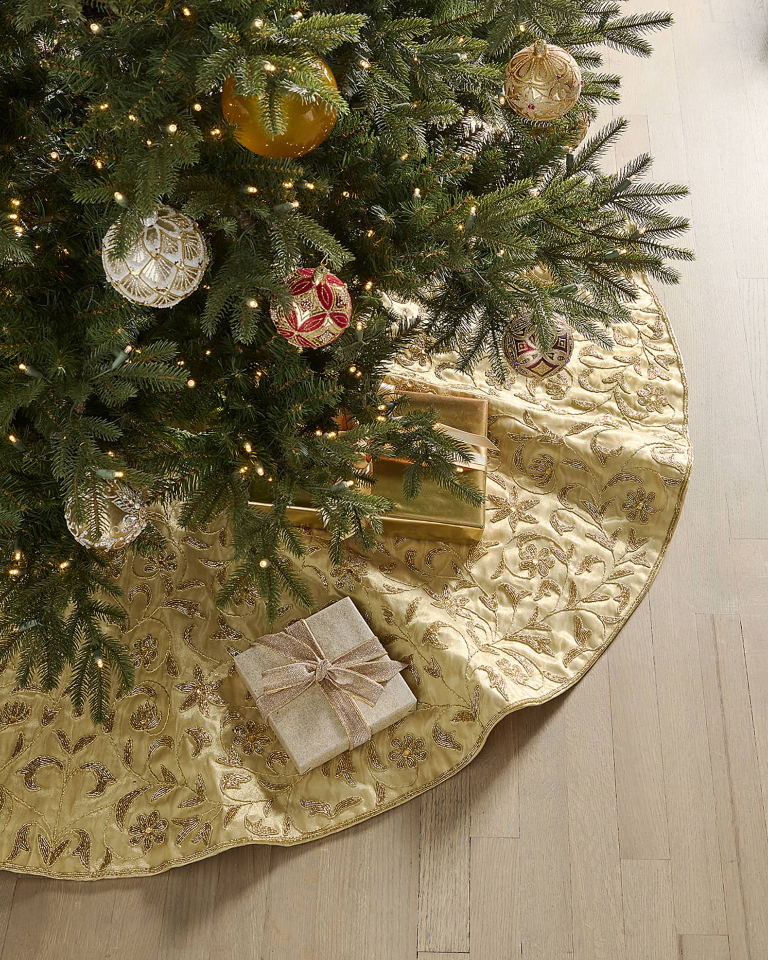 Sudha Pennathur Gold Floral Beaded Tissue Christmas Tree Skirt Horchow