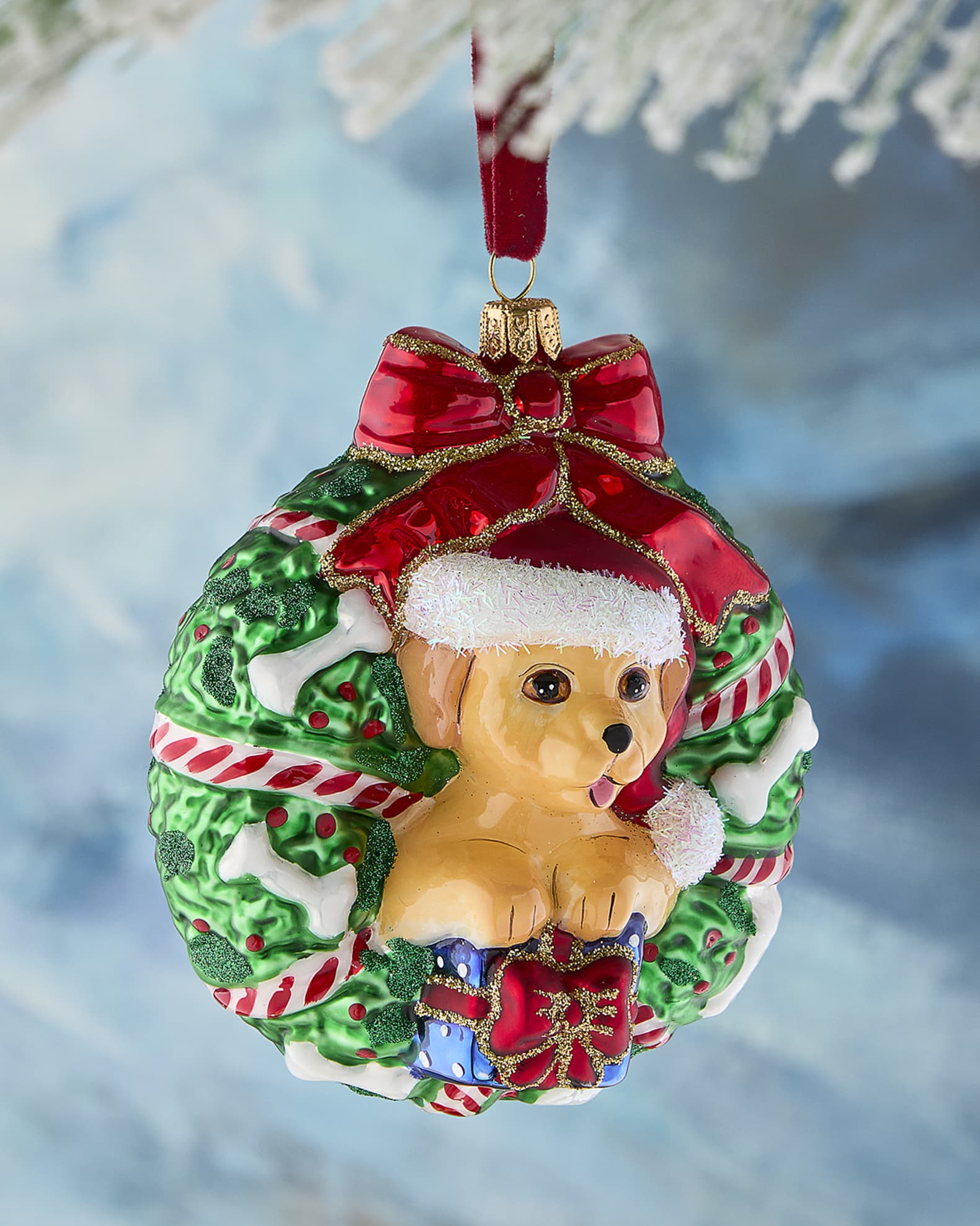Neiman Marcus Wreath Dog Christmas Ornament 