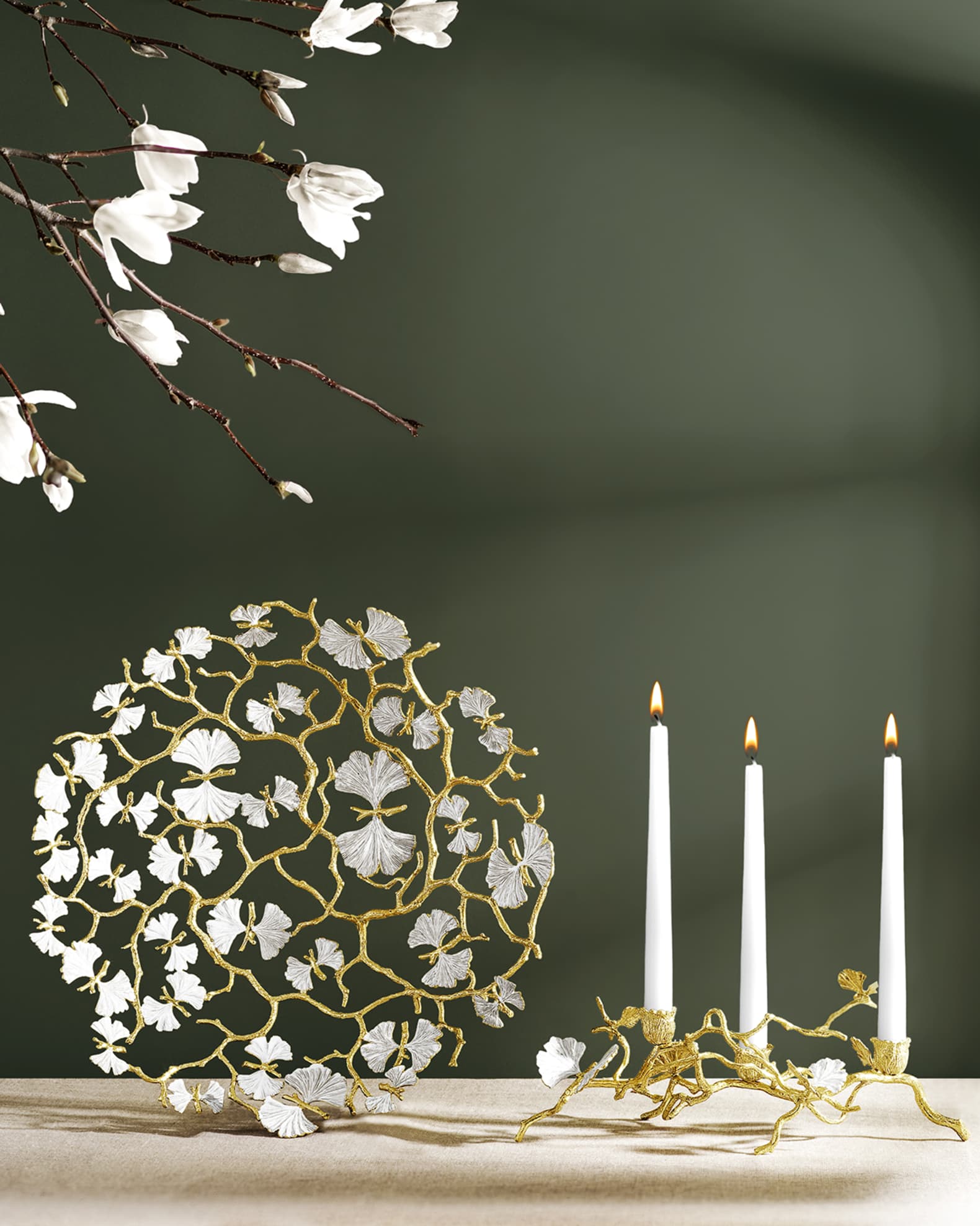 Michael Aram Butterfly Ginkgo White & Gold Low Candleholders | Horchow