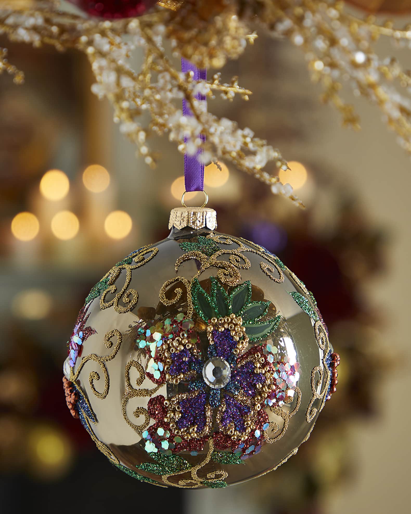 Neiman Marcus Grey Opal Christmas Ornament With Multicolor Flowers Horchow