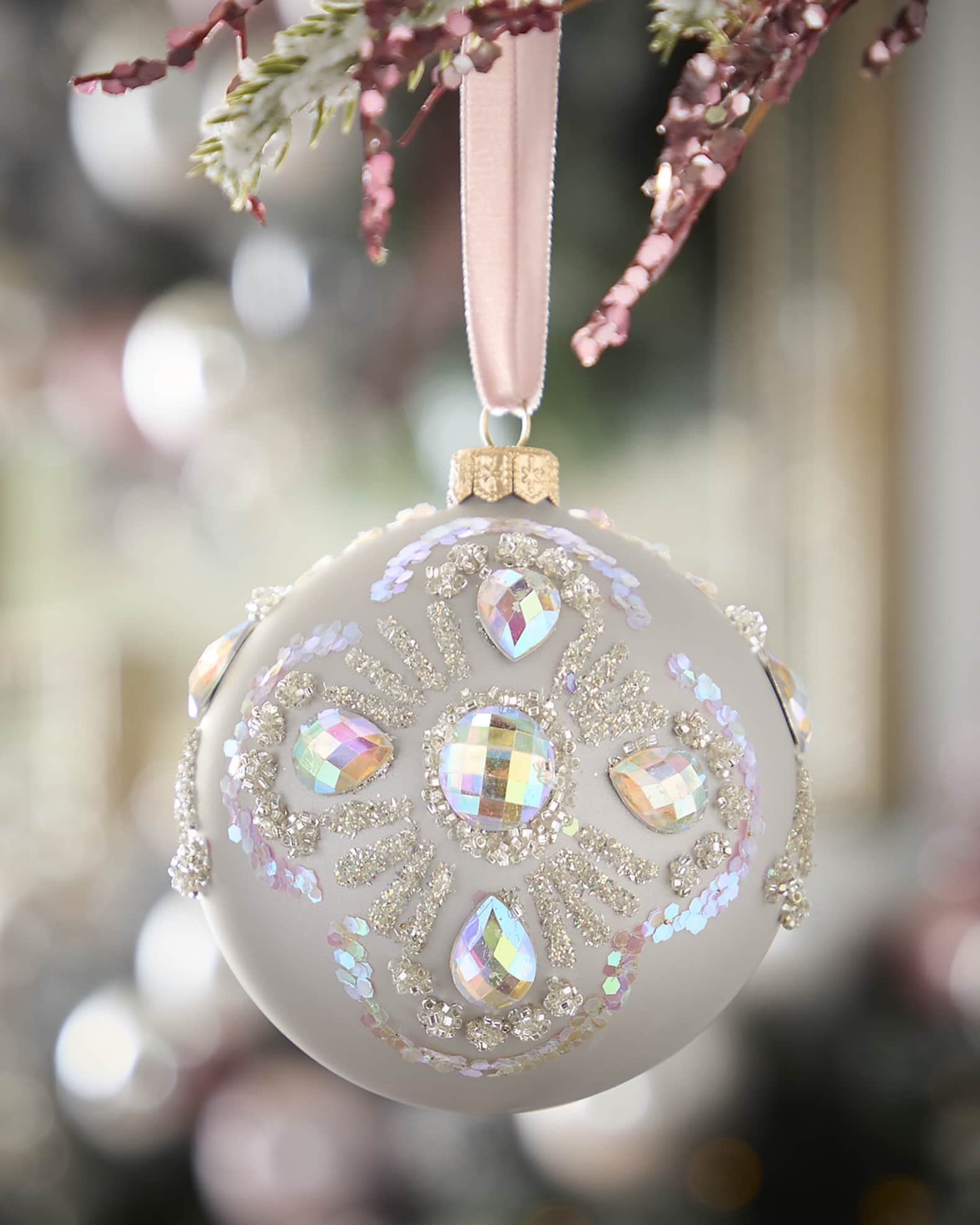 Neiman Marcus Silver Matte Ball Christmas Ornament with Crystals Horchow