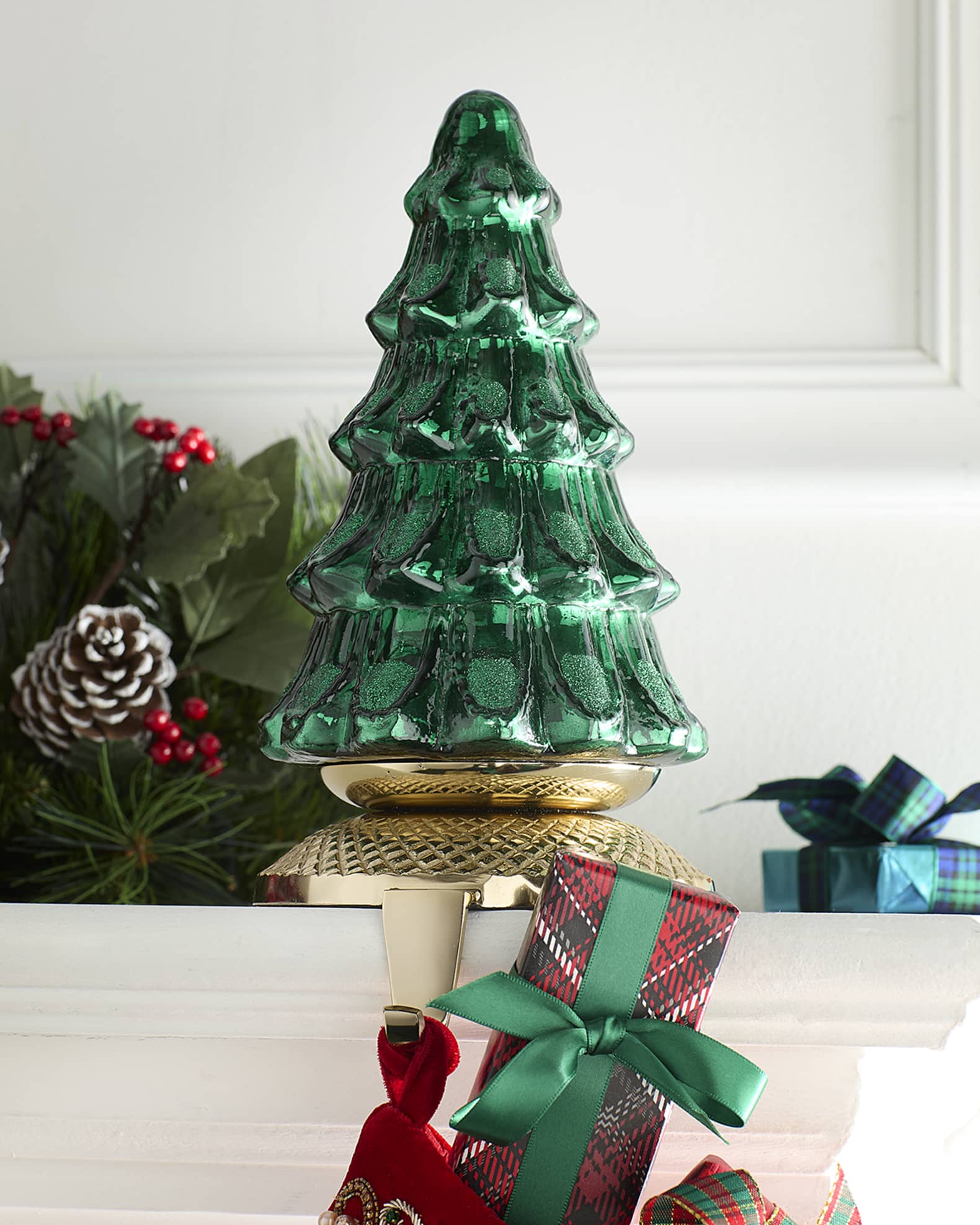 Neiman Marcus Shiny Green Tree Christmas Stocking Holder Horchow