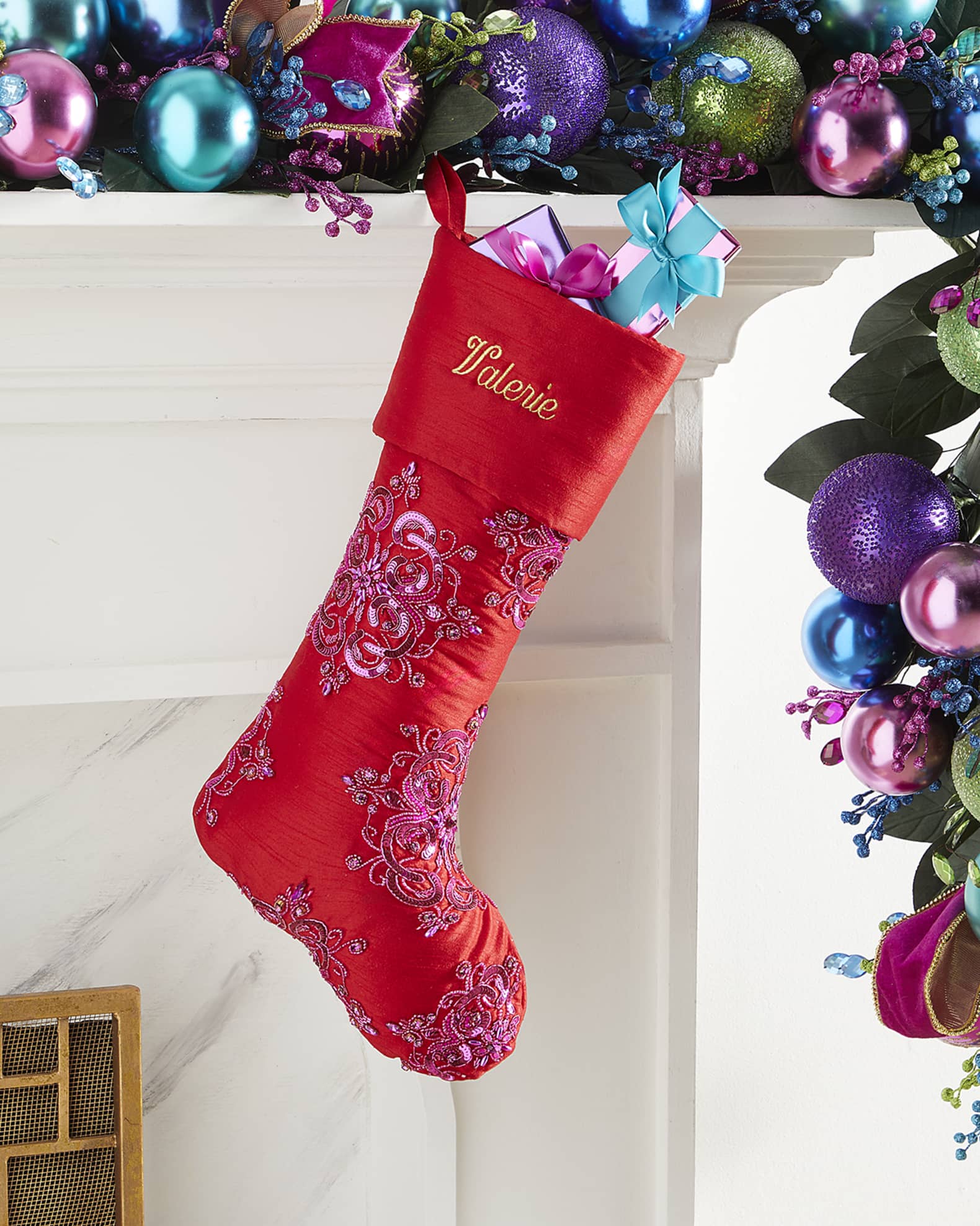 Neiman Marcus Personalized Christmas Stocking with Floral Design 