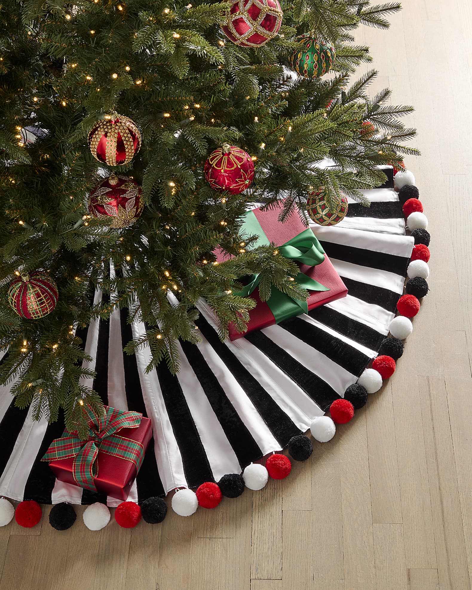 D. Stevens 64" Two-Tone Striped Tree Skirt with Pom Poms