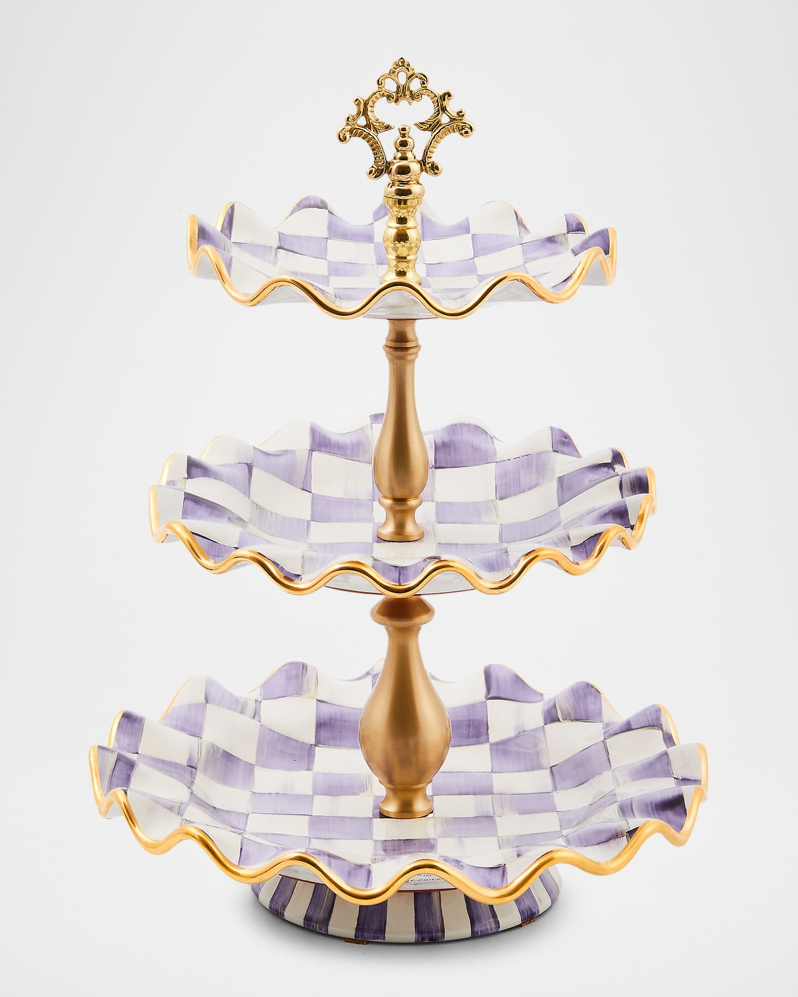 MacKenzie-Childs Plum Check Fluted Ceramic Three-Tier Sweet Stand