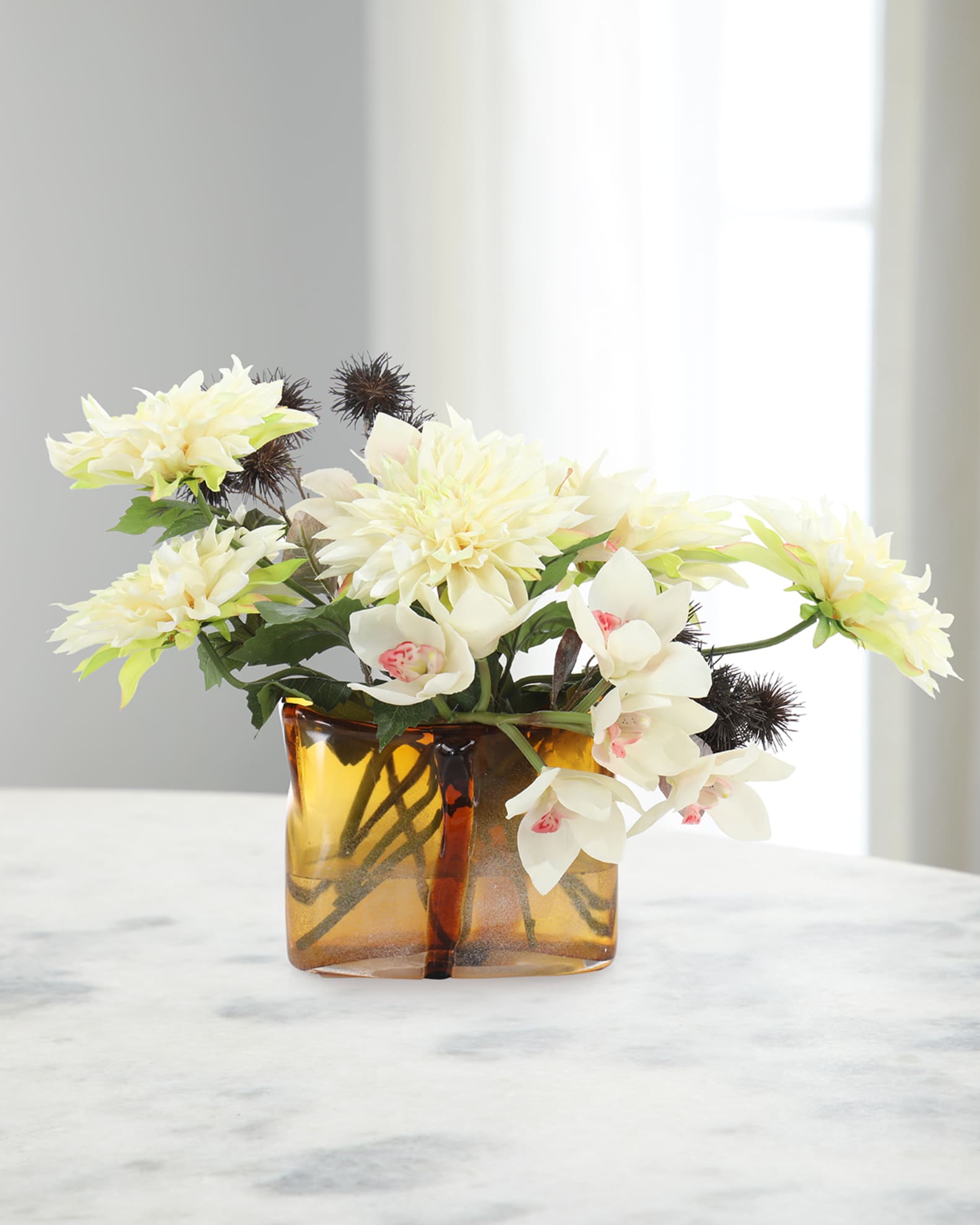 John-Richard Collection Dahlias and Thistles 16" Faux Floral Arrangement in Glass Vase