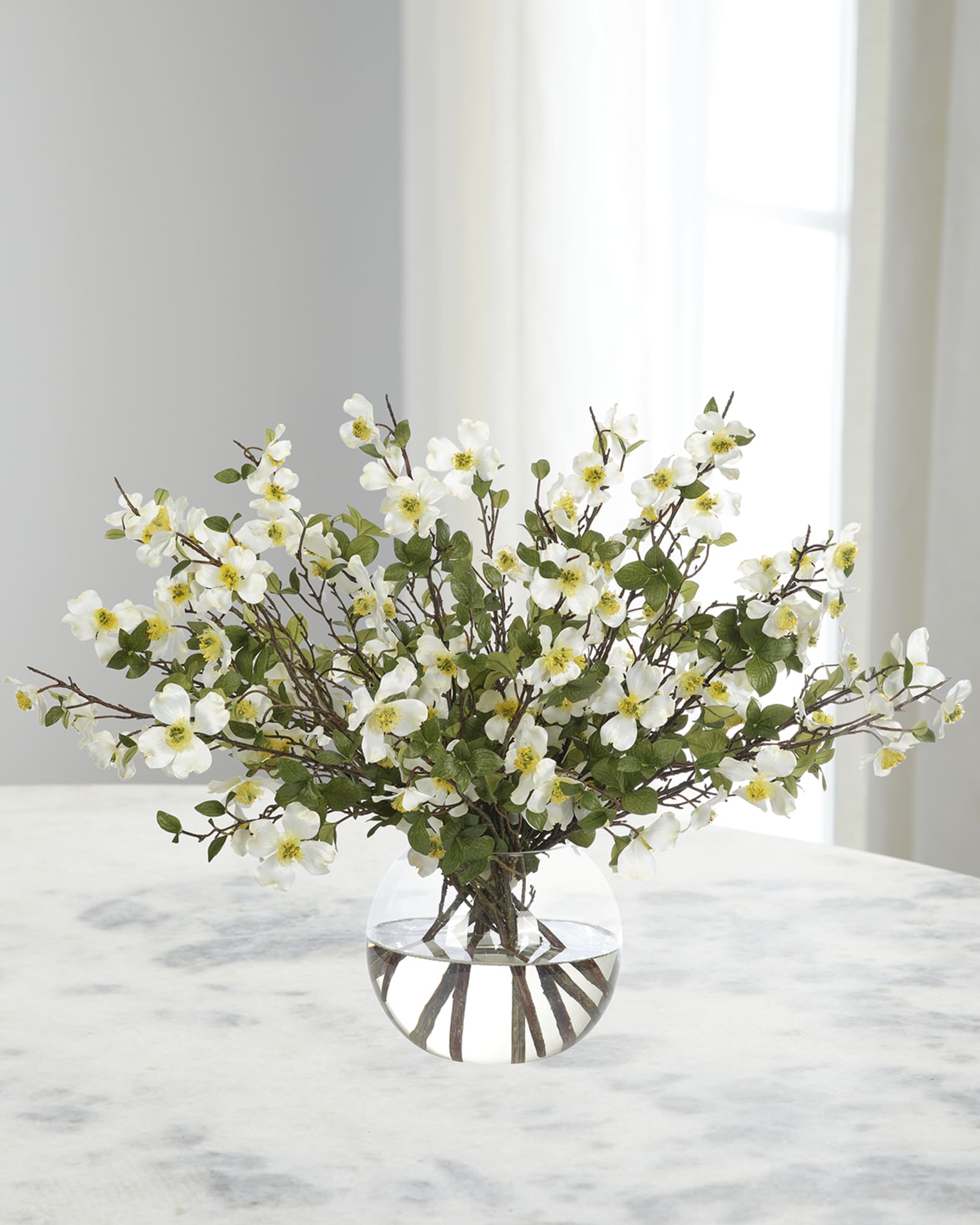 NDI White Dogwood 43" Faux Floral Arrangement in a Glass Bubble Horchow