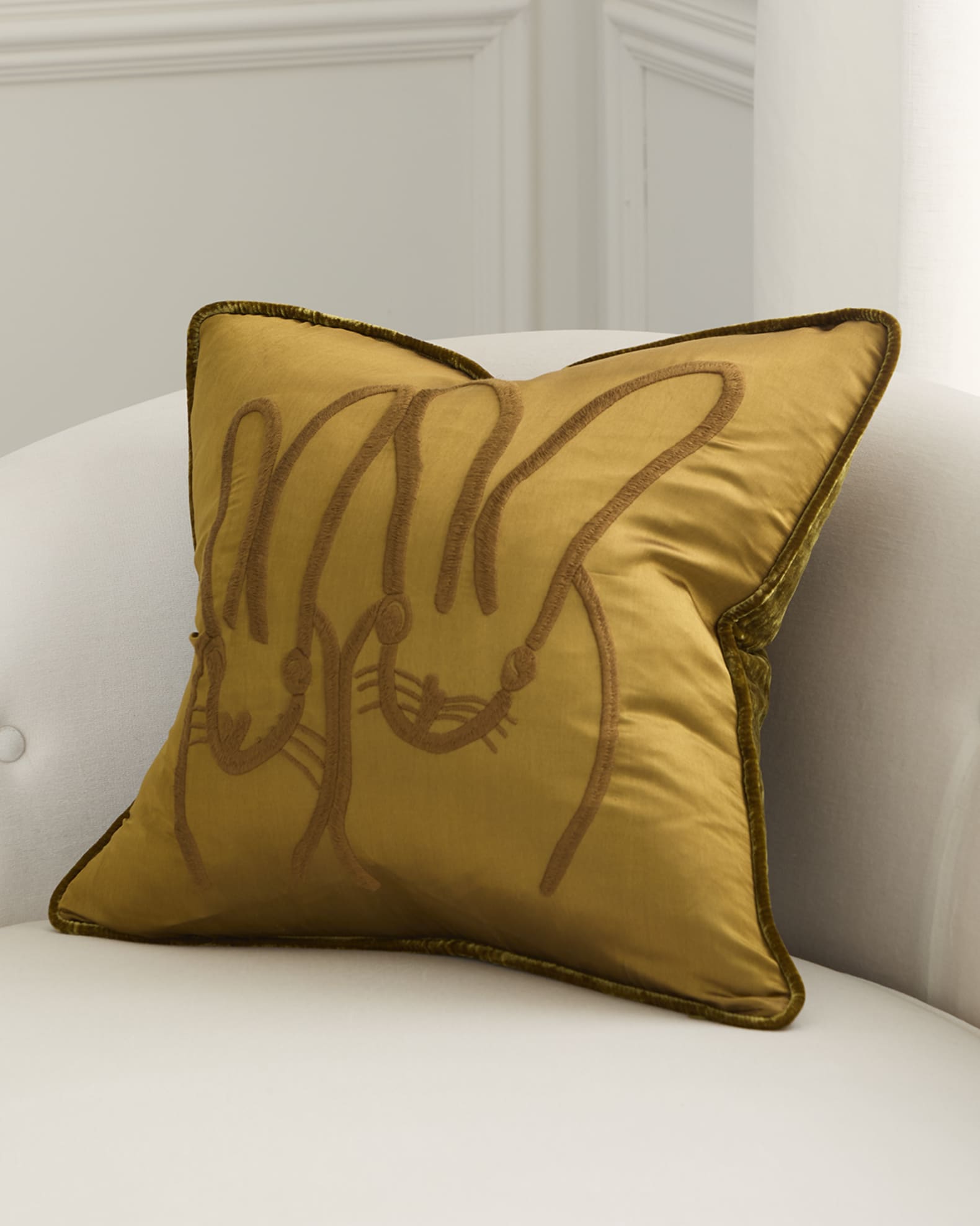 Hunt Slonem Hand-Embroidered Bunny Decorative Silk Pillow