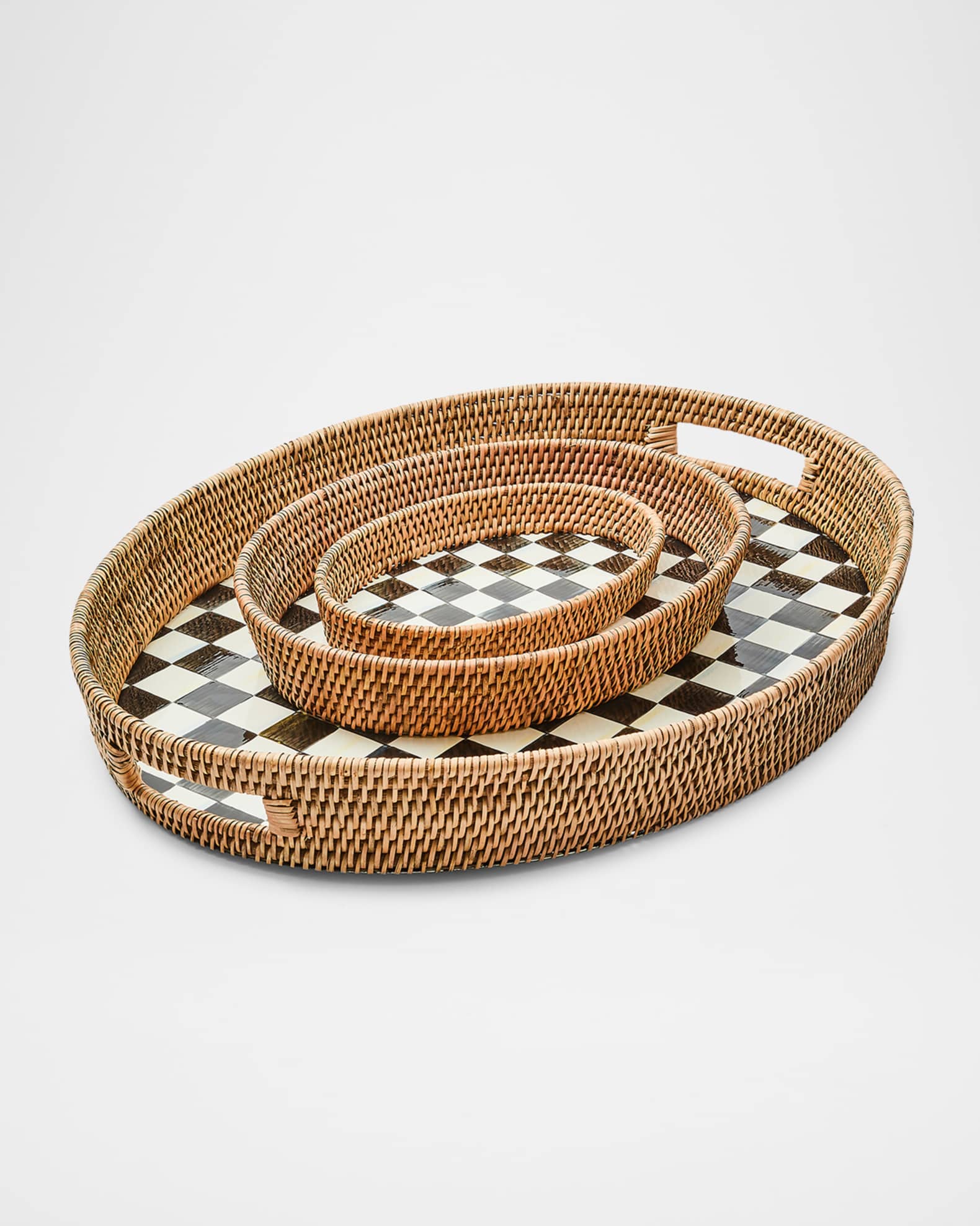 Mackenzie-Childs Courtly Check Enamel and Rattan Round Serving Tray main image 1