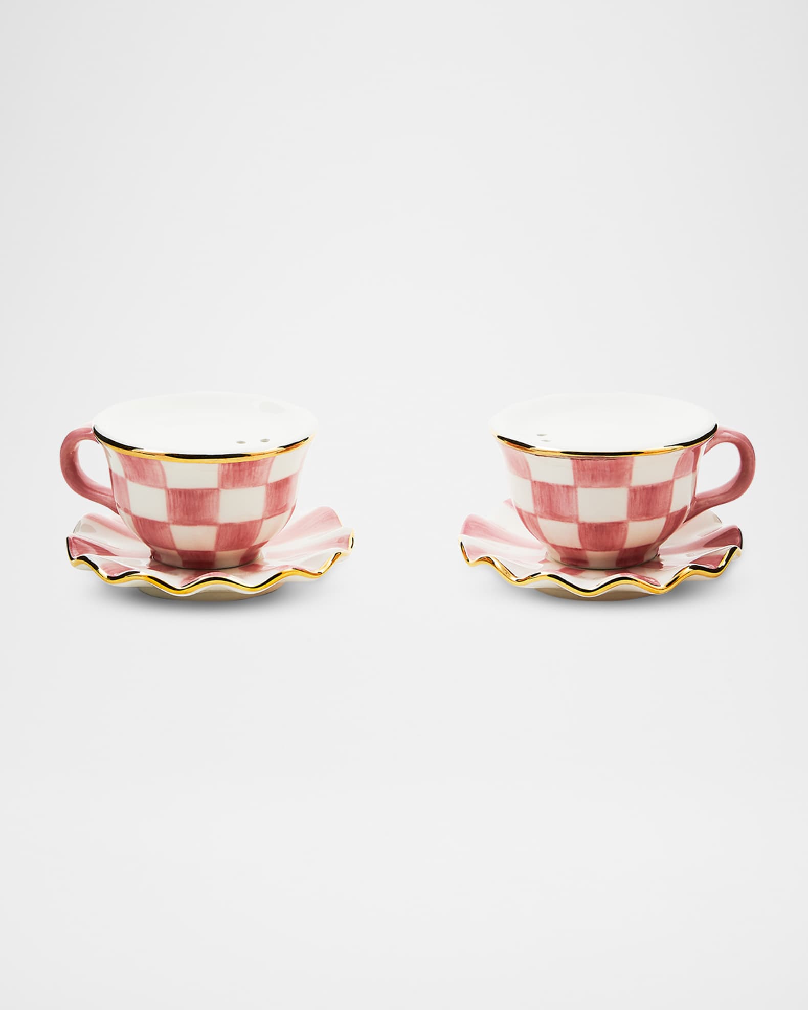 MacKenzie-Childs Rosy Check Teacup Salt & Pepper Shaker Set