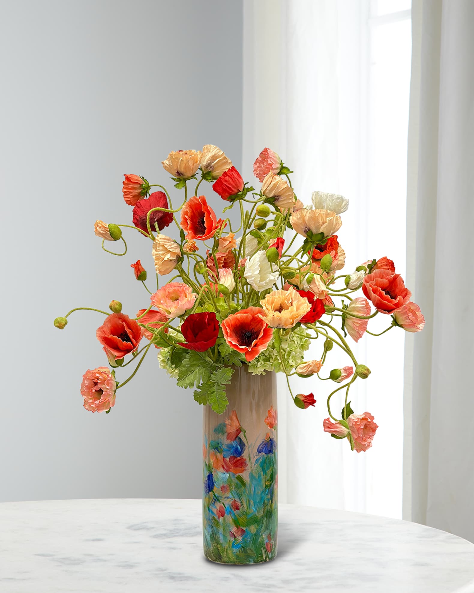 Winward Home Poppy Hydrangea Faux Floral Arrangement in Painted Porcelain Vase