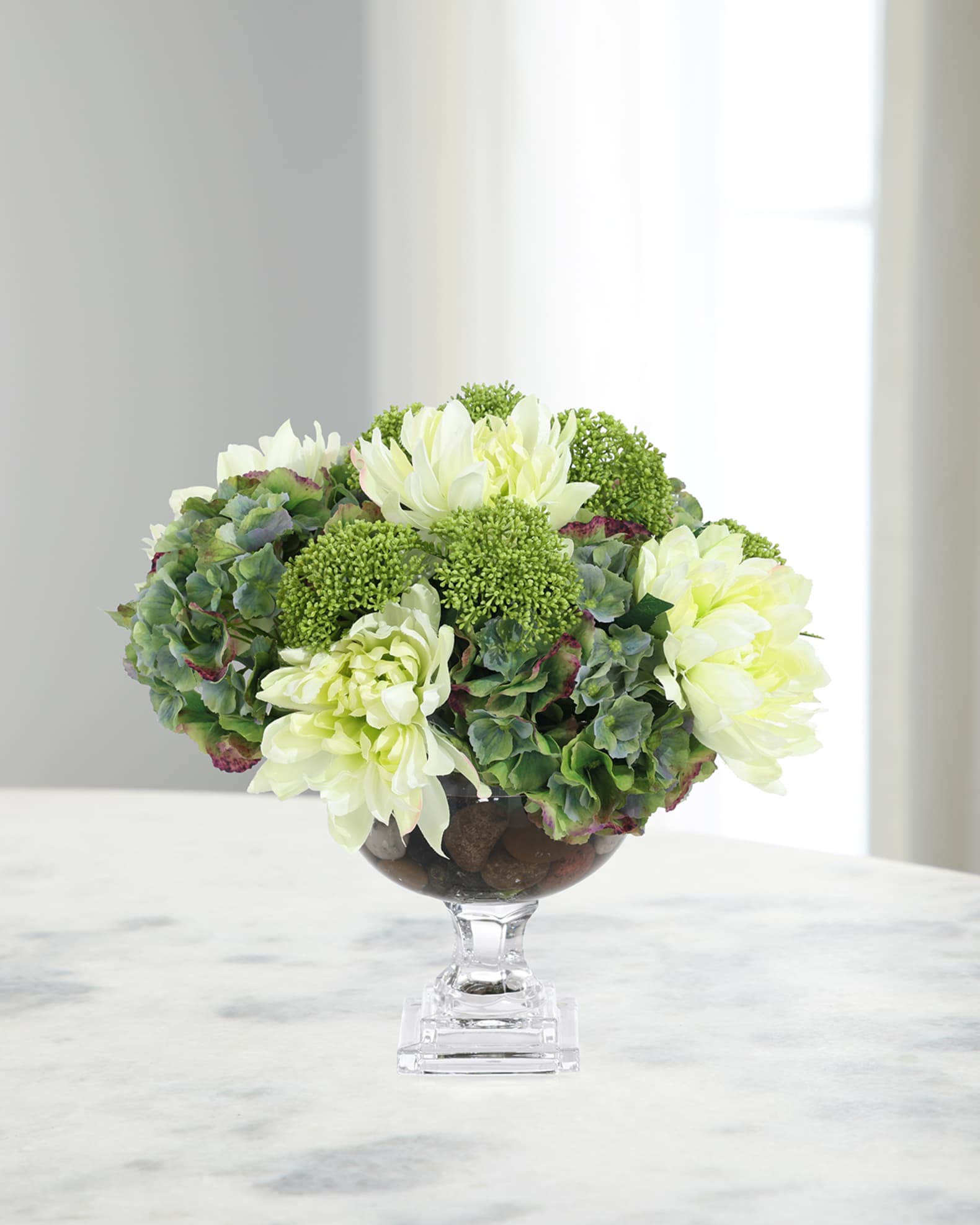 John-Richard Collection Teal Green Hydrangeas 18" Faux Floral Arrangement in Glass Vase