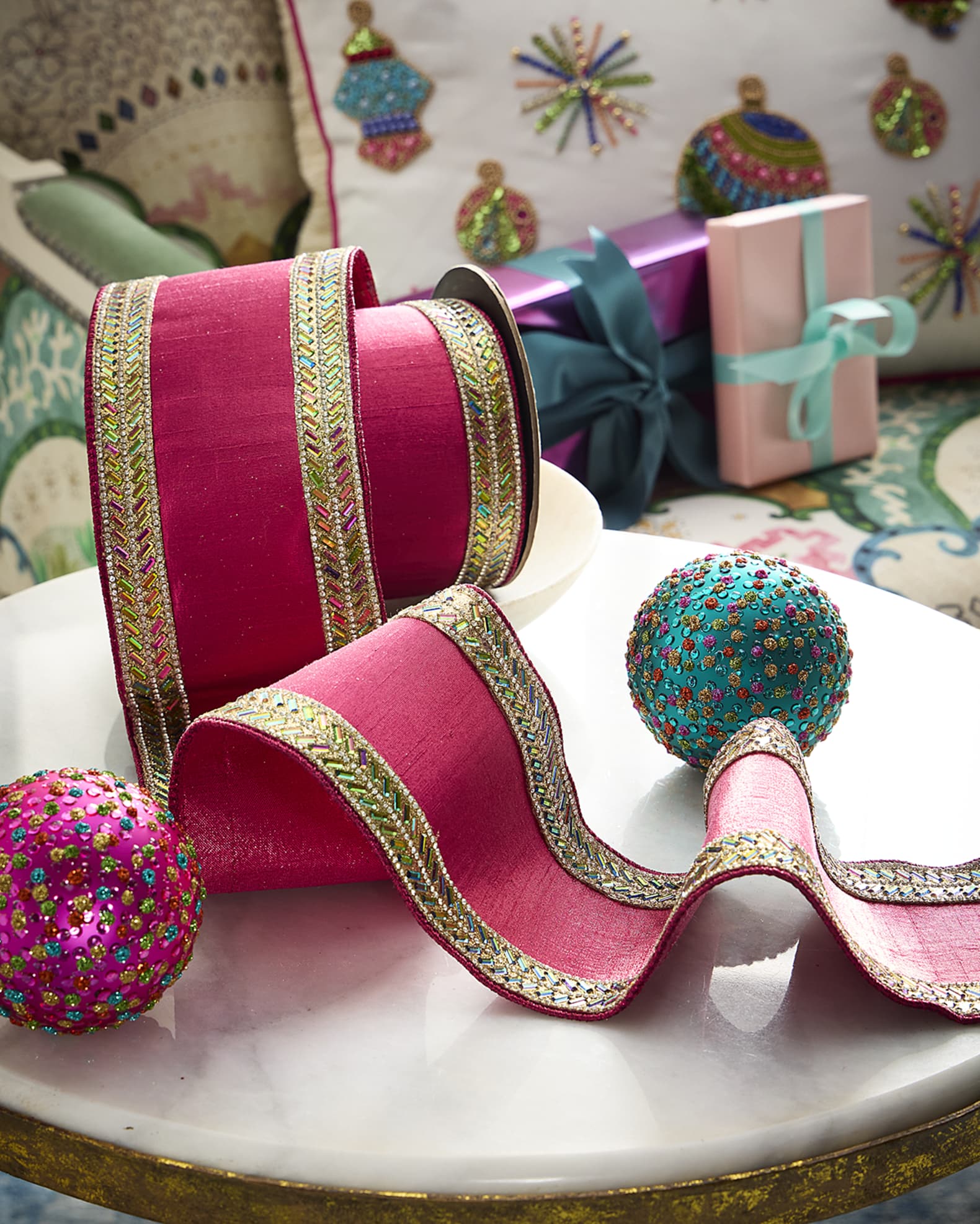 D. Stevens Metallic Dupioni Herringbone Jewel-Trim Ribbon | Horchow