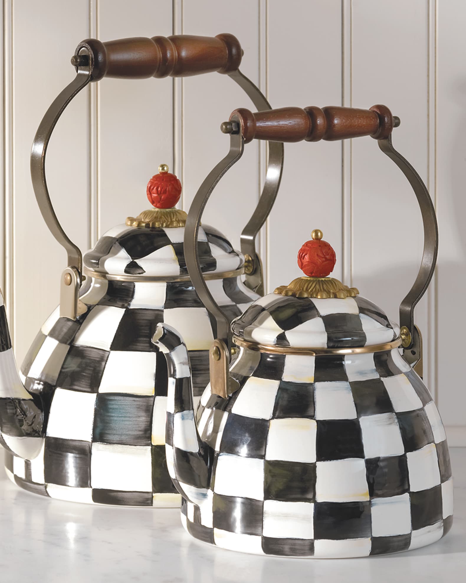 マッケンジーチャイルズ ケトル やかん コートリーチェック 白緑 MacKenzie-Childs Courtly Check Three-Quart Tea Kettle | Horchow