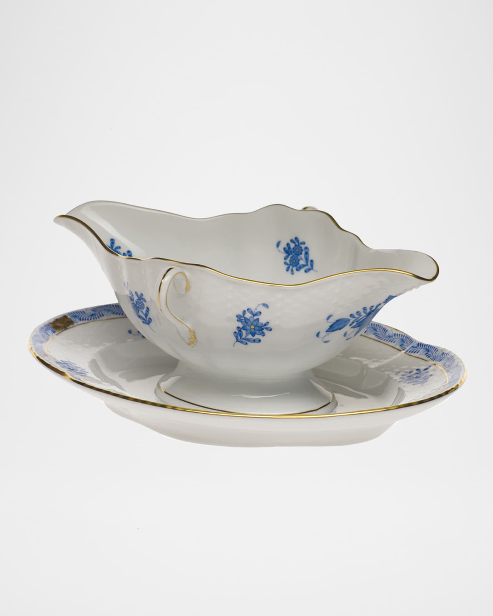 Herend Chinese Bouquet Blue Gravy Boat with Fixed Stand Horchow